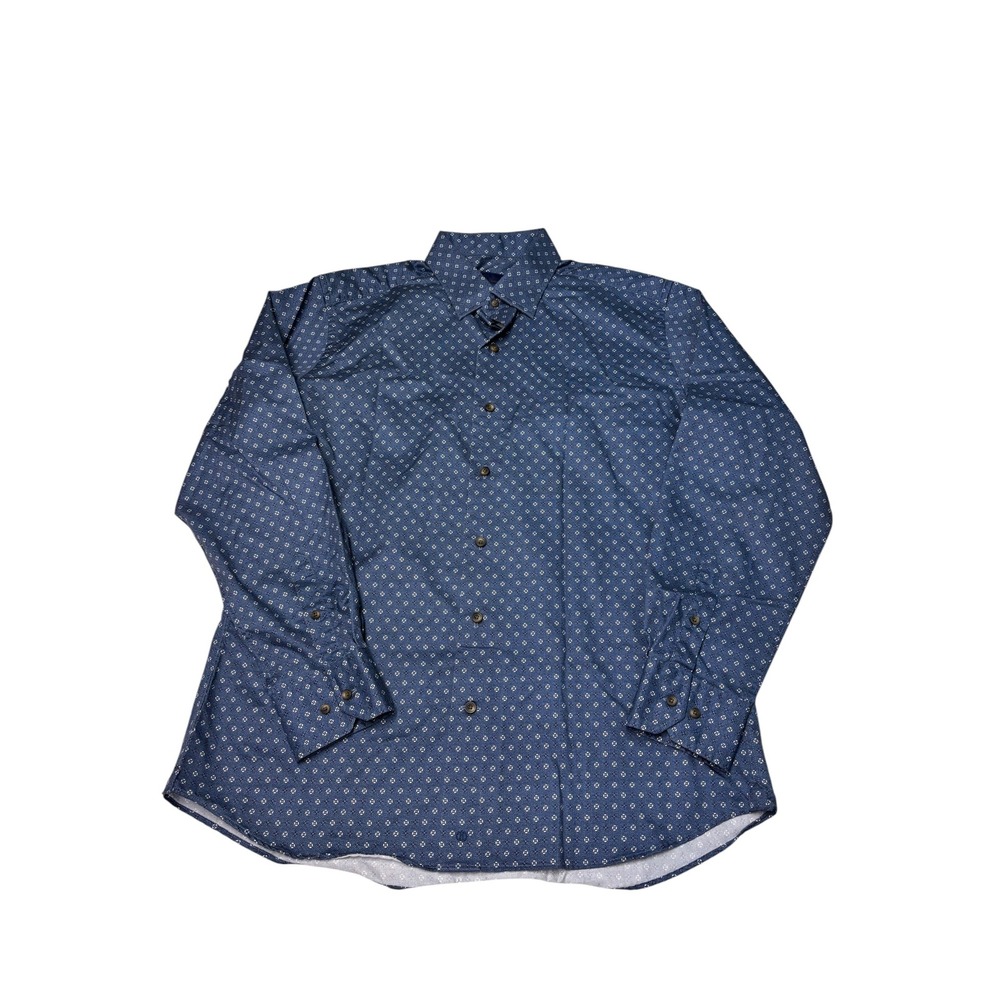 David Donahue Mens Blue Geometric Print Cotton Button Down Shirt Large